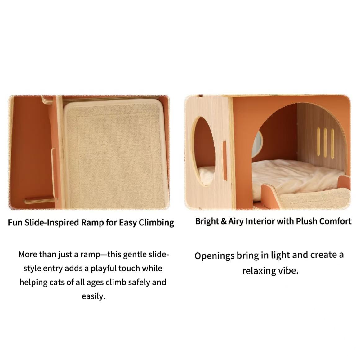 FurHugs ClimbCabin – Two-Story Wooden Cat House with Ramp & Cushions