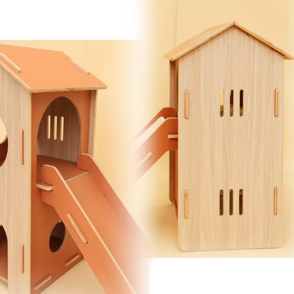 FurHugs ClimbCabin – Two-Story Wooden Cat House with Ramp & Cushions