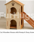 FurHugs ClimbCabin – Two-Story Wooden Cat House with Ramp & Cushions
