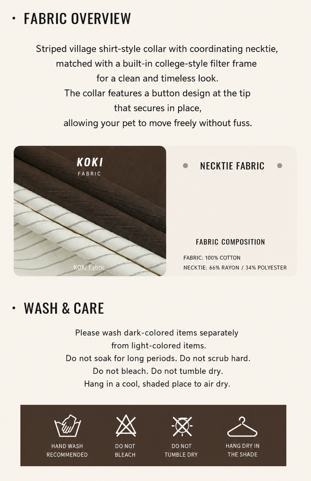 A product information graphic for the KOKI Fabric necktie, showing a fabric swatch, color composition, care instructions, and care icons on a light beige background.