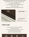 A product information graphic for the KOKI Fabric necktie, showing a fabric swatch, color composition, care instructions, and care icons on a light beige background.