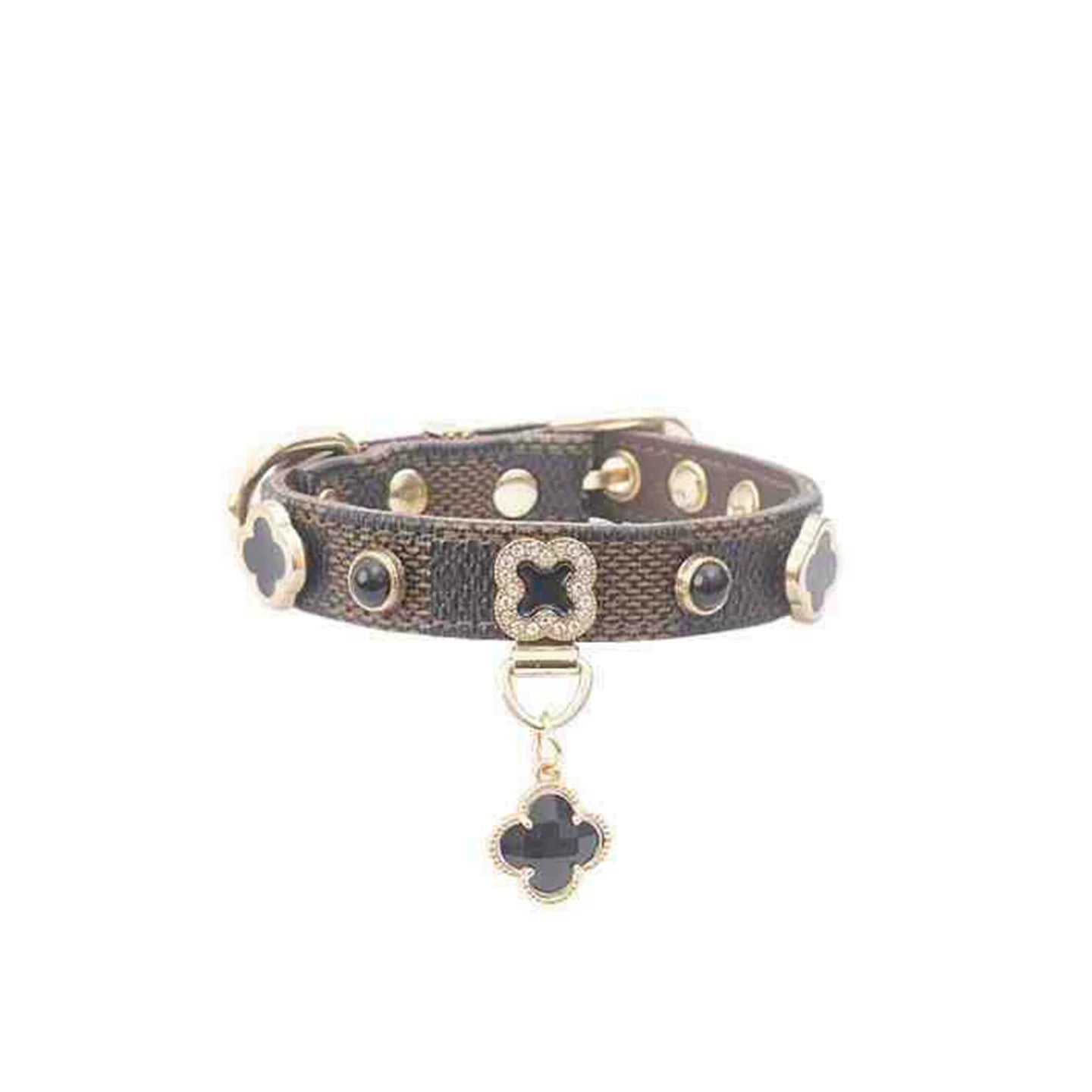 Leather Dog Collar Adjustable Pet Collar with Rhinestone Charm