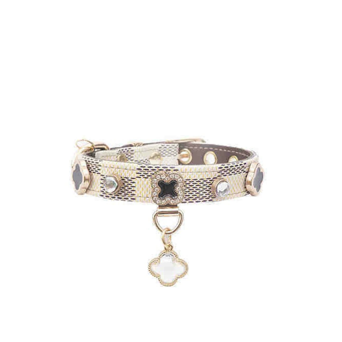 Leather Dog Collar Adjustable Pet Collar with Rhinestone Charm